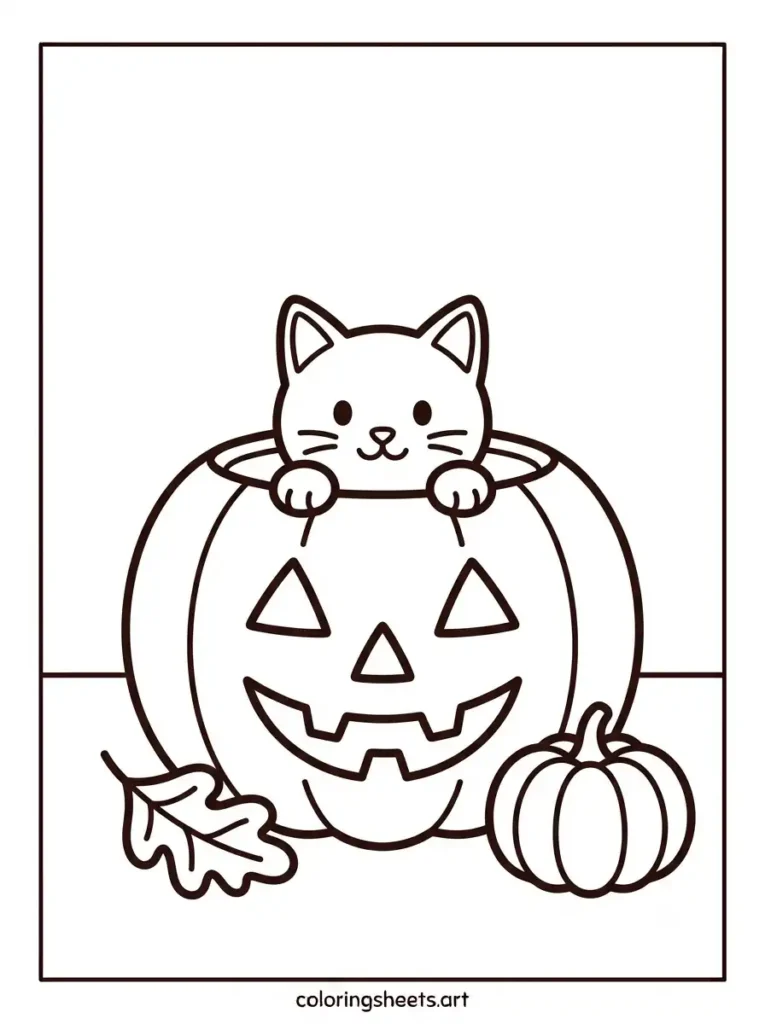 Free printable kitten coloring pages for kids showing a kitten sitting inside a carved Halloween pumpkin coloring page