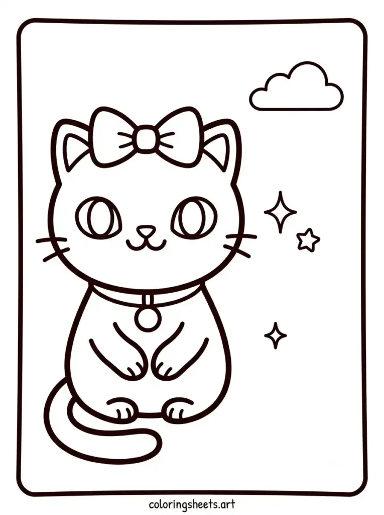 Simple kawaii kitten coloring pages for toddlers featuring a kitten wearing a cute bow and sparkle collar coloring page