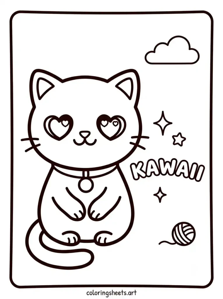 Free printable kawaii kitten coloring pages for kids showing a kitten with heart eyes and a bubble letter KAWAII word coloring page