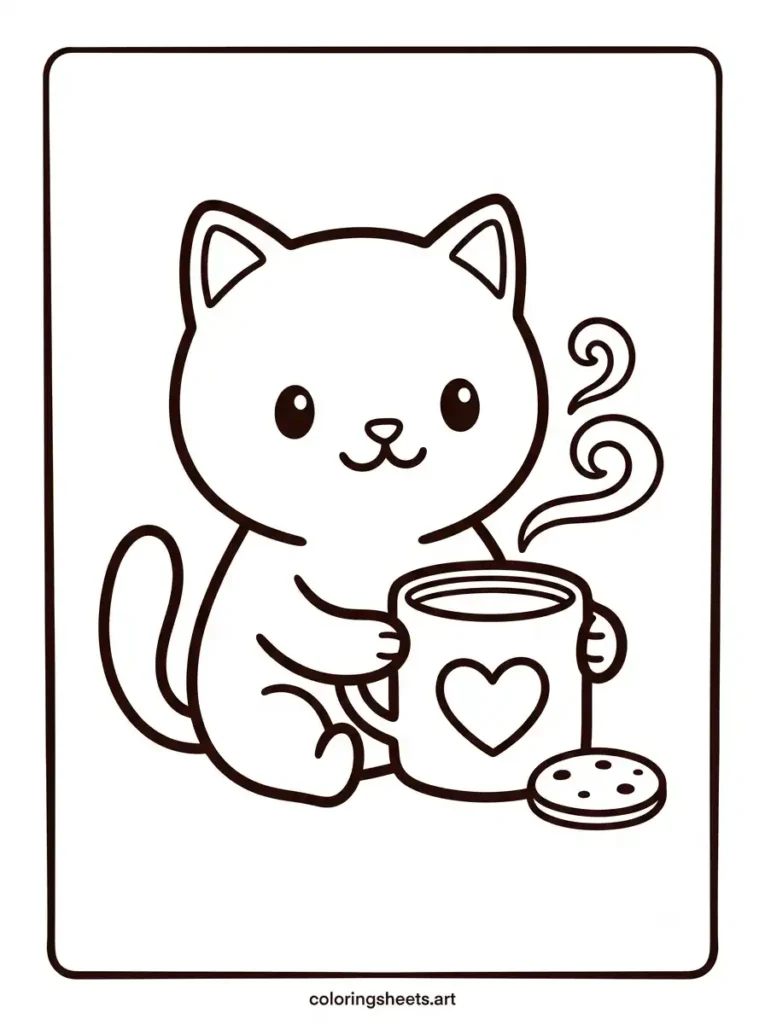 Kawaii kitten coloring sheets for adults featuring a round kitten sipping from a heart shaped mug coloring page