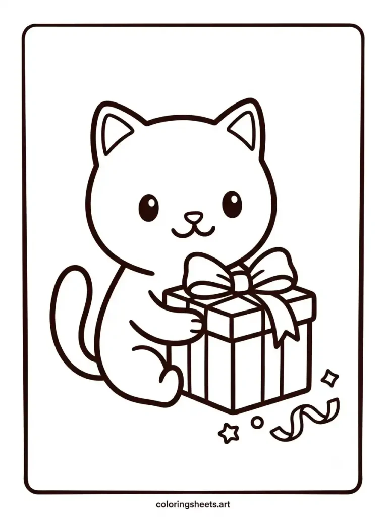 Printable PDF kawaii kitten coloring pages for kids showing a chibi kitten hugging a wrapped present box coloring page