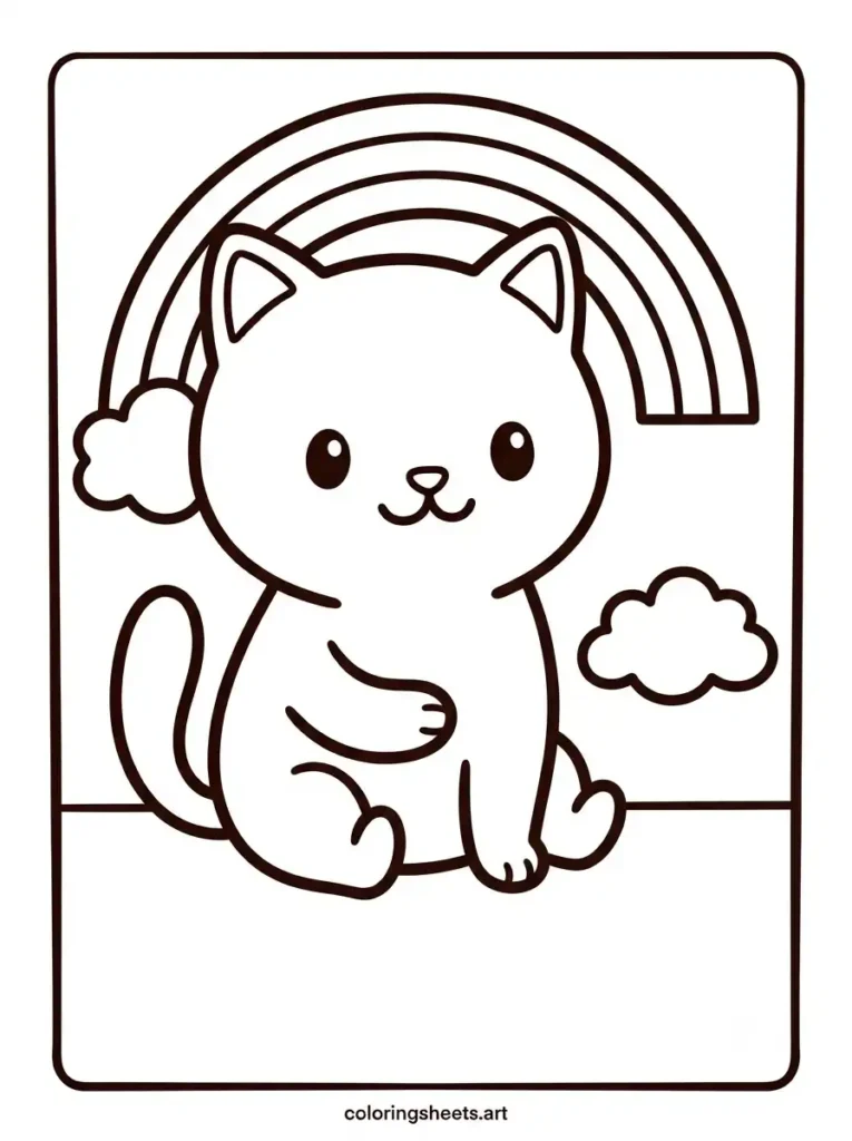 Simple kawaii kitten coloring pages for toddlers showing a kitten sitting beneath a rainbow arch coloring page