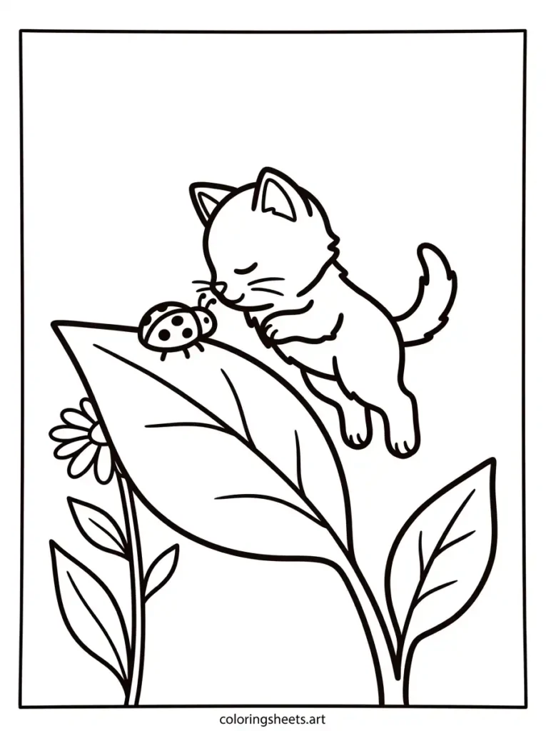 Simple kitten coloring pages for toddlers featuring a curious kitten sniffing a ladybug resting on a leaf coloring page
