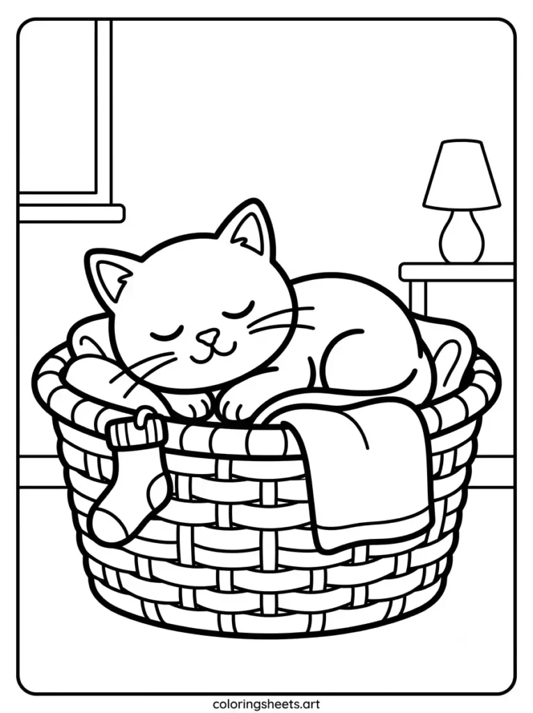 A cute kitten napping inside a wicker laundry basket. Simple printable sheet for toddlers.