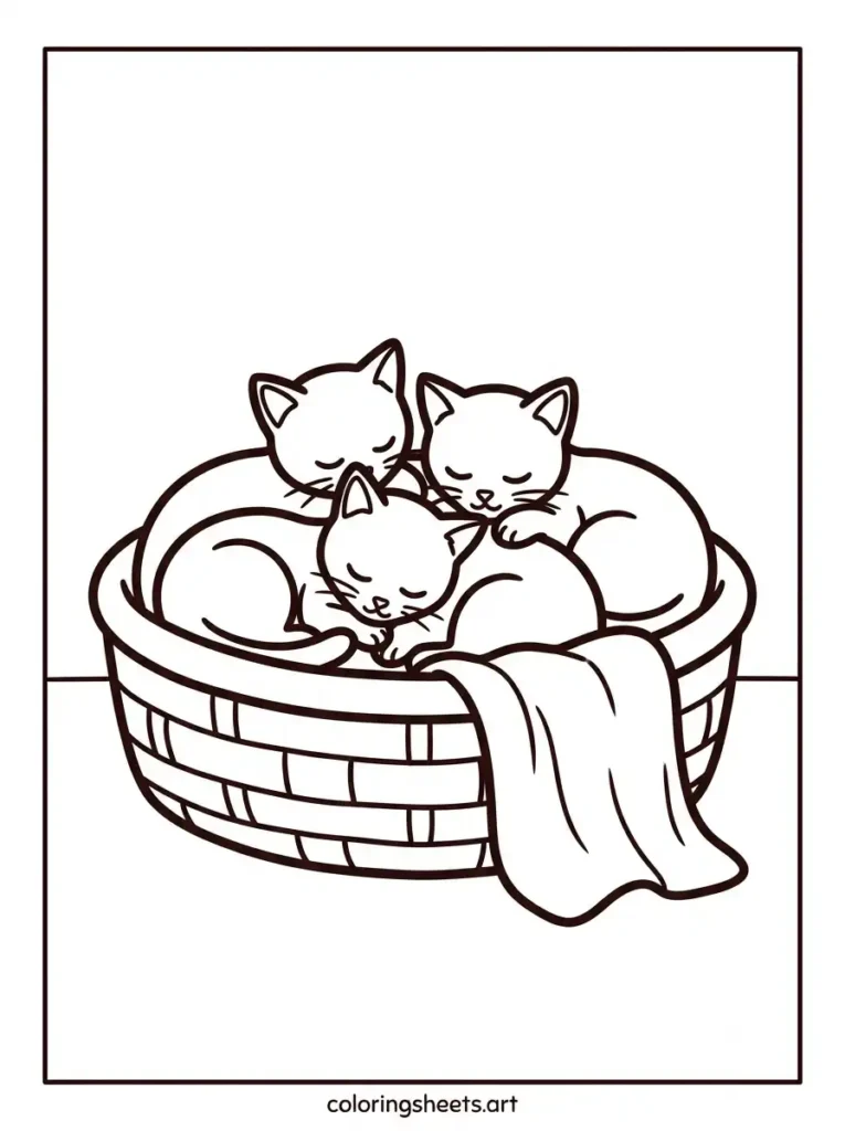 Kitten coloring sheets for adults featuring a litter of kittens curled together sleeping in a basket coloring page