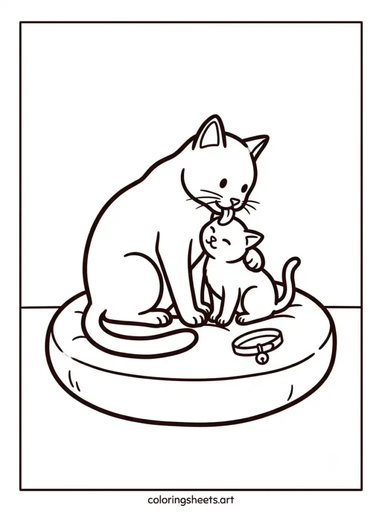 Free printable kitten coloring pages for kids showing a mama cat gently grooming her small kitten coloring page