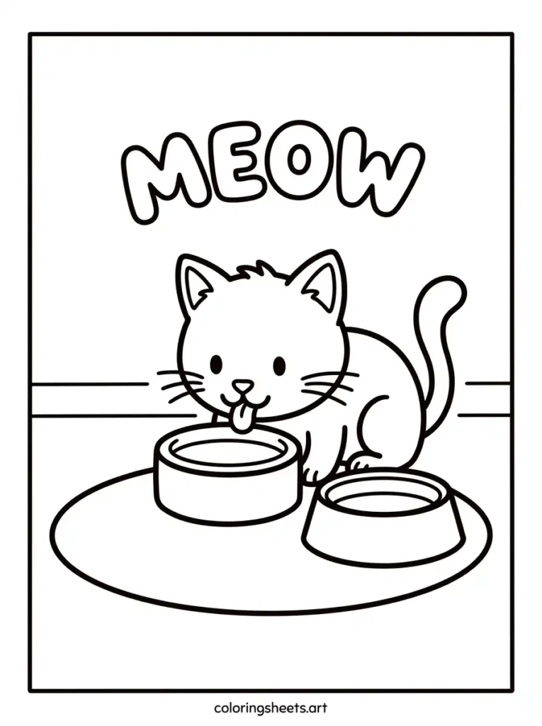 Free printable kitten coloring sheets for kids with a kitten drinking milk and a bubble letter MEOW word coloring page