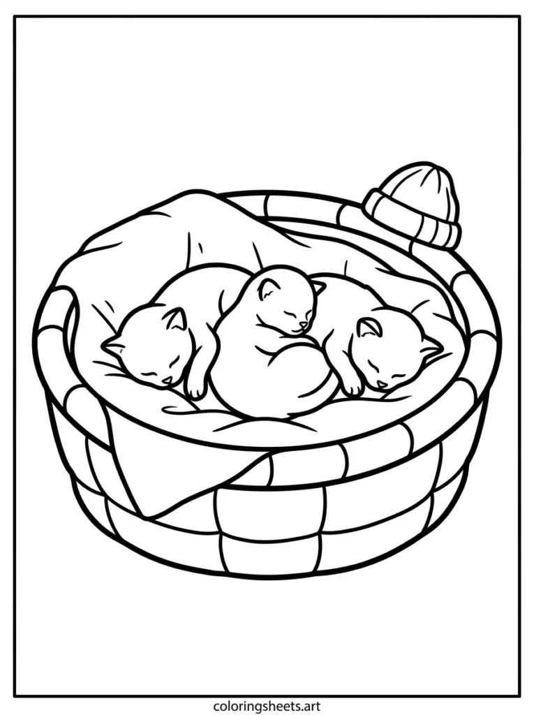Baby kitten coloring sheets for adults featuring a litter of sleeping newborn kittens piled in a basket coloring page