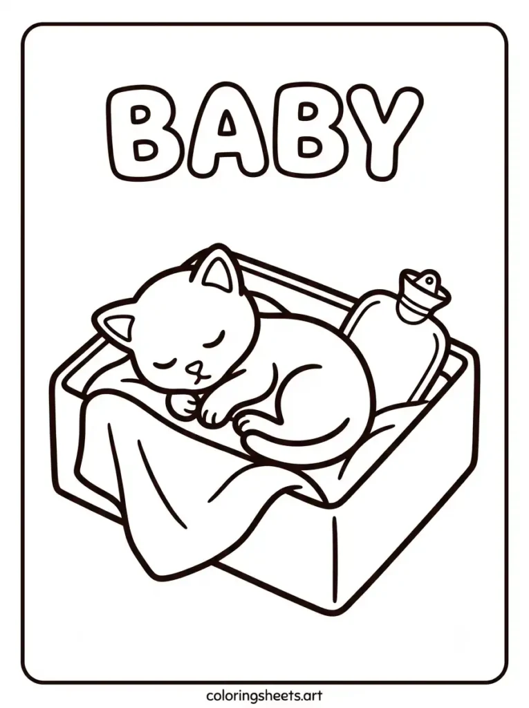 Free printable baby kitten coloring pages for toddlers showing a newborn kitten in a shoebox with a bubble letter BABY word coloring page