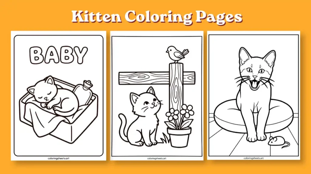 Free printable Kitten Coloring Pages PDF download for kids and adults featuring cute kittens