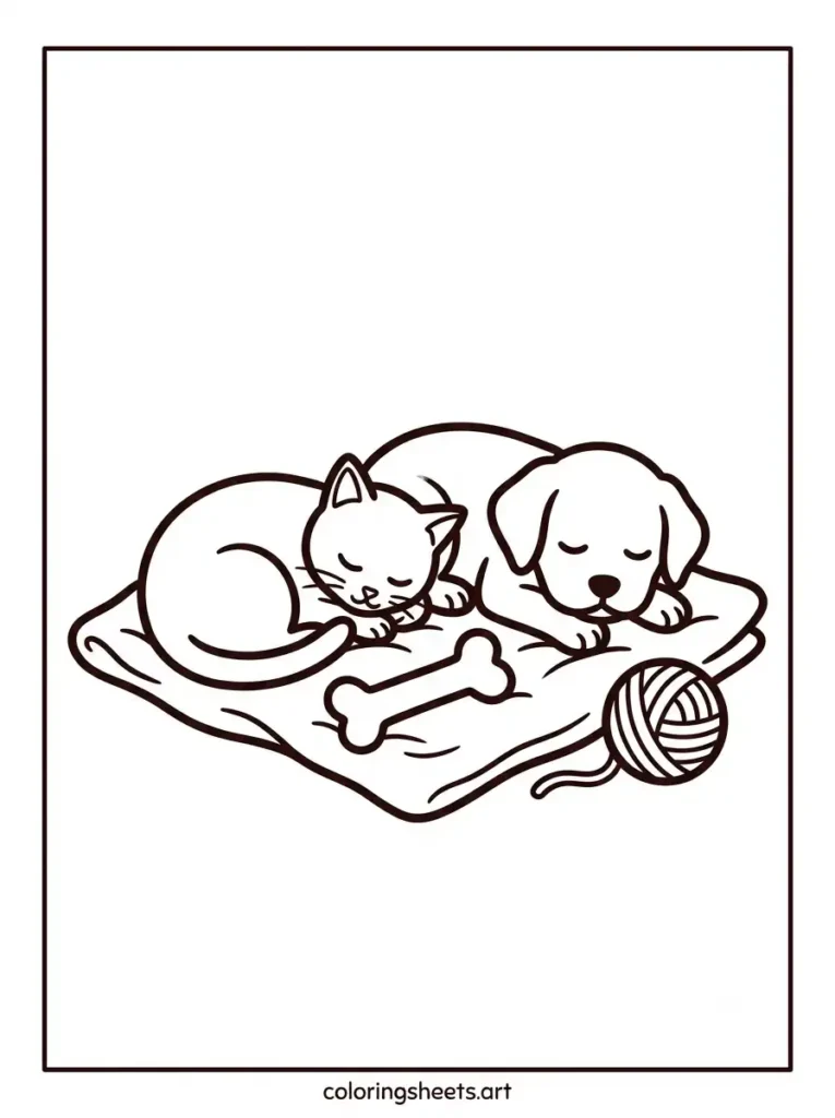 Simple kitten coloring pages for toddlers featuring a kitten cuddling beside a friendly puppy coloring page