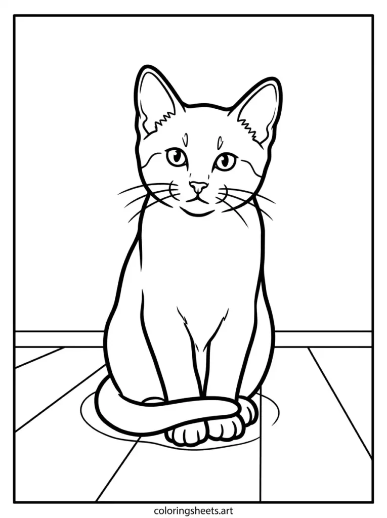 Realistic kitten coloring pages for adults showing a kitten sitting alert and upright with ears perked forward coloring page