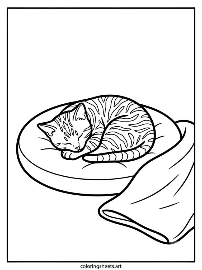 Printable PDF realistic kitten coloring pages for kids showing a kitten curled asleep on a round cushion coloring page