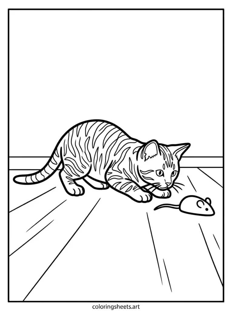 Free printable realistic kitten coloring pages for kids showing a kitten crouched low in a stalking pose coloring page