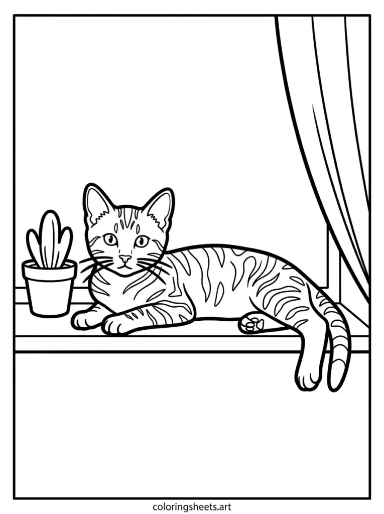 Printable realistic kitten coloring pages for adults showing a tabby kitten lounging stretched out on a windowsill coloring page