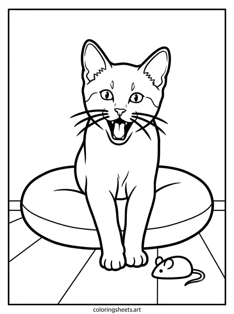 Realistic kitten coloring sheets for adults showing a lifelike kitten mid yawn with front paws stretched out coloring page