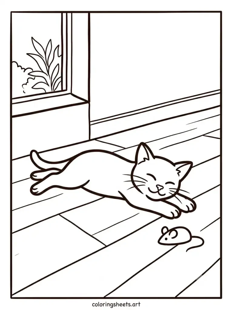 A relaxed kitten resting in a warm sunbeam. Detailed printable sheet for adults.