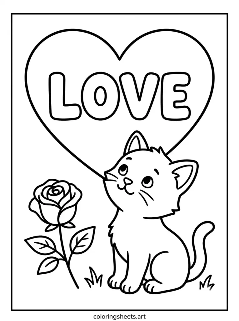 Free printable kitten coloring pages for kids showing a kitten under a Valentine heart with a bubble letter LOVE word coloring page