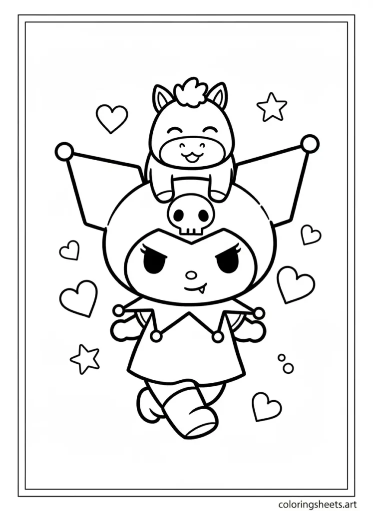Kuromi carrying little Baku on top of her jester hat coloring page - Printable pdf