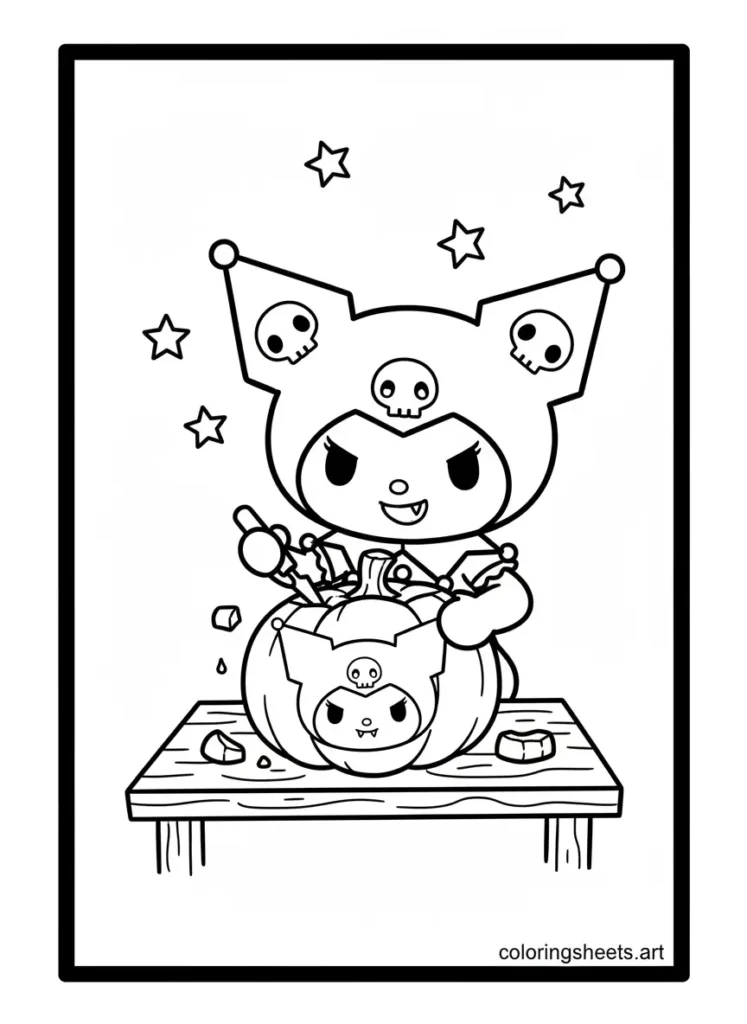 Kuromi carving a pumpkin into her own face Halloween coloring page for kids