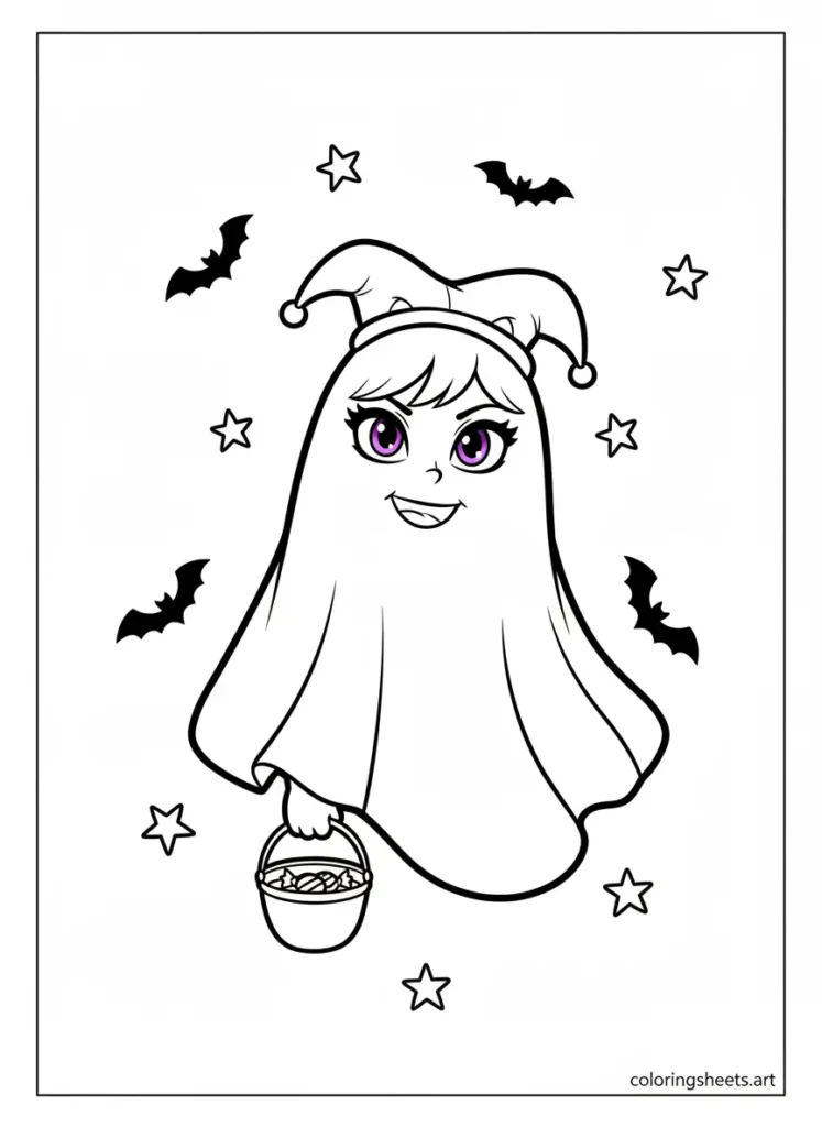 Kuromi wearing a cute ghost costume for Halloween coloring page - Free pdf