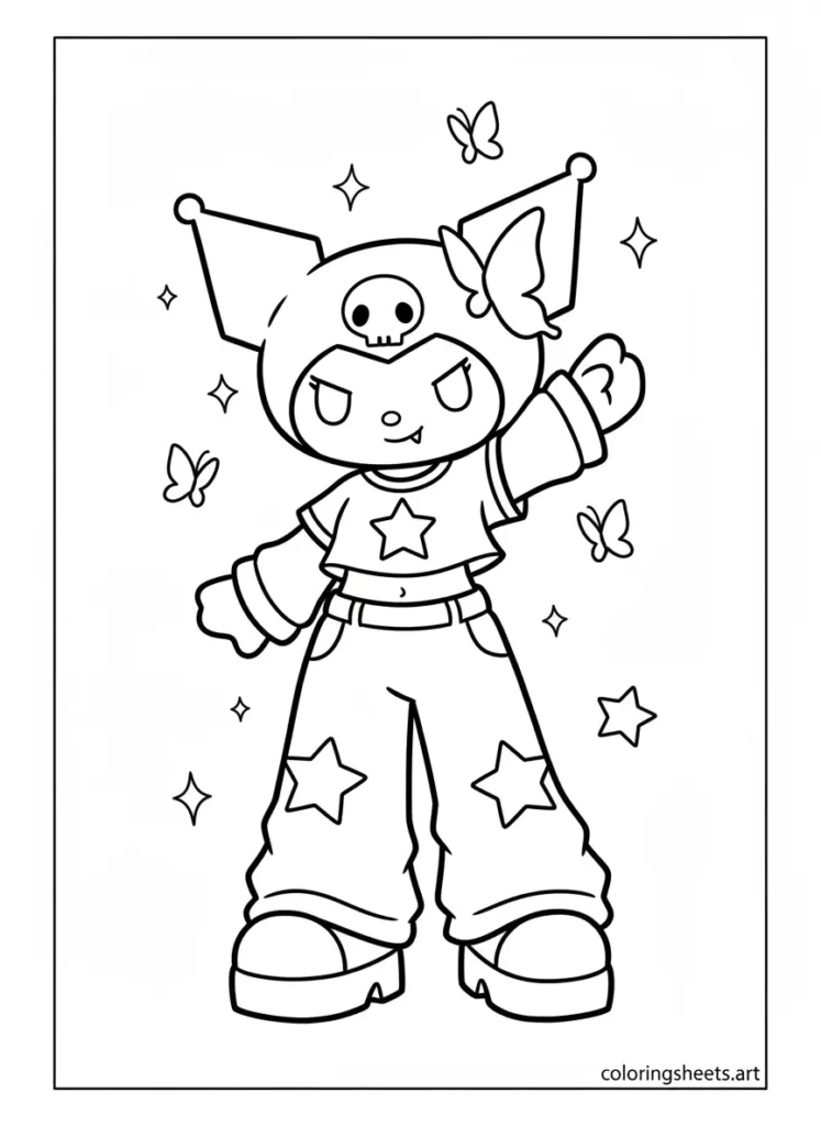 Kuromi in a cute Y2K aesthetic outfit coloring page