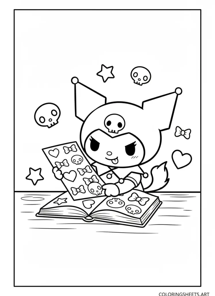 Kuromi decorating her diary with skull and star stickers coloring page