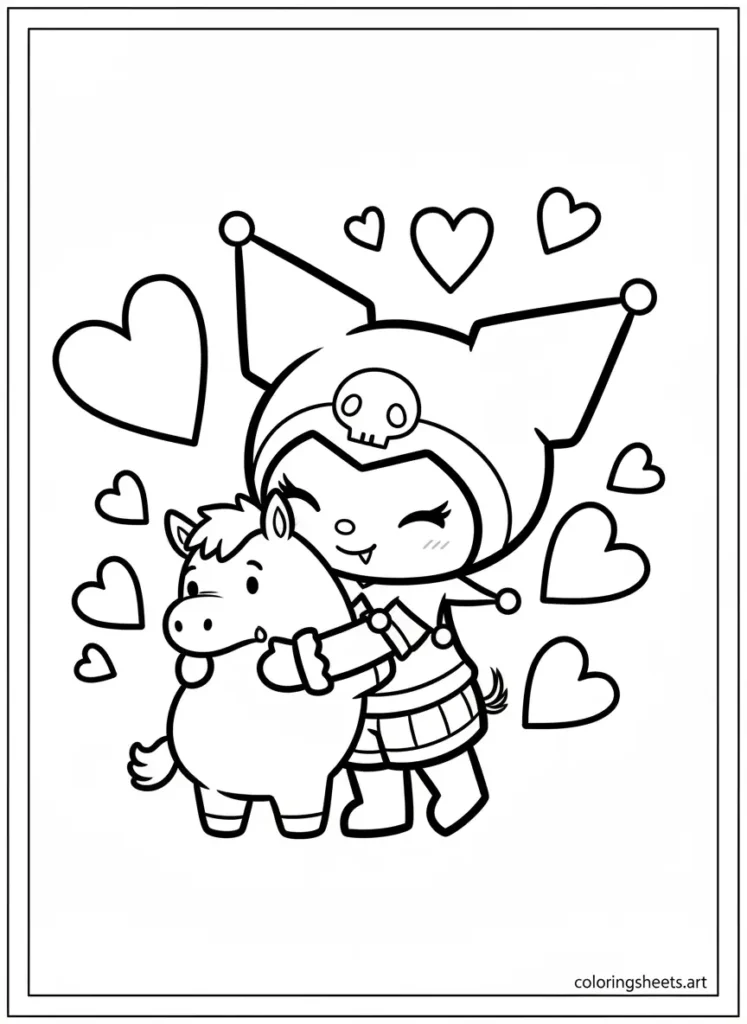 Kuromi giving Baku a big warm hug coloring page for kids