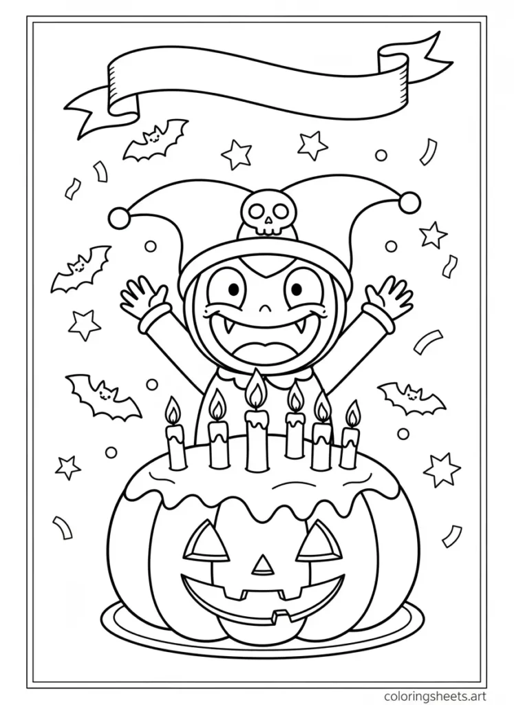 Kuromi celebrating her Halloween birthday with a jack-o-lantern cake coloring page