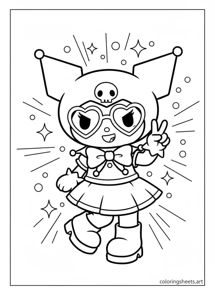 Kuromi wearing heart shaped sunglasses and a bow tie coloring page
