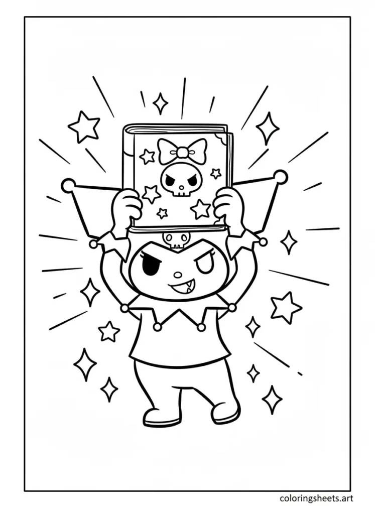 Kuromi holding up her diary like a trophy coloring page for kids - Free printable pdf
