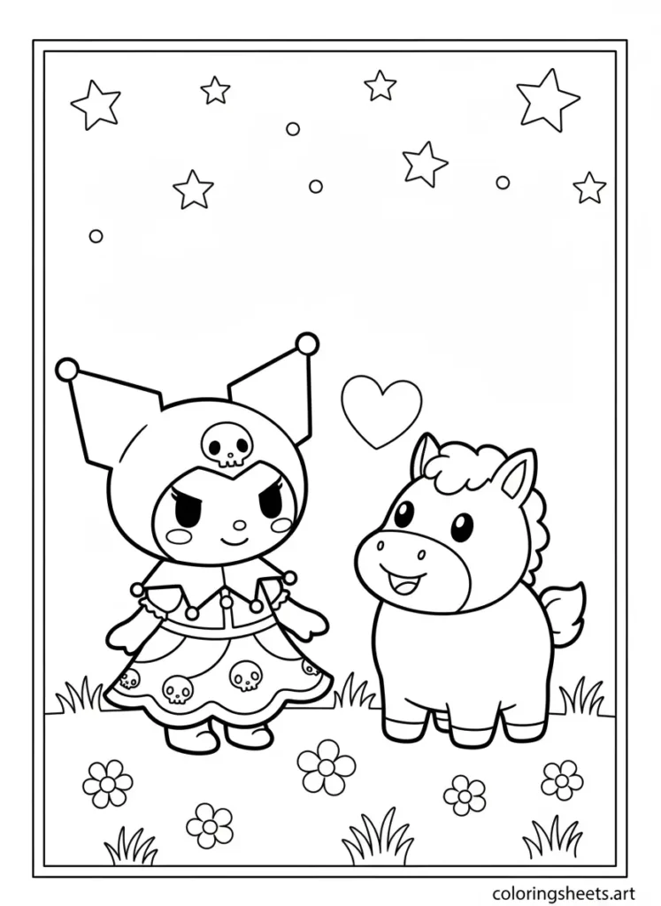 Kuromi and Baku her best friend sitting together coloring page For Kids
