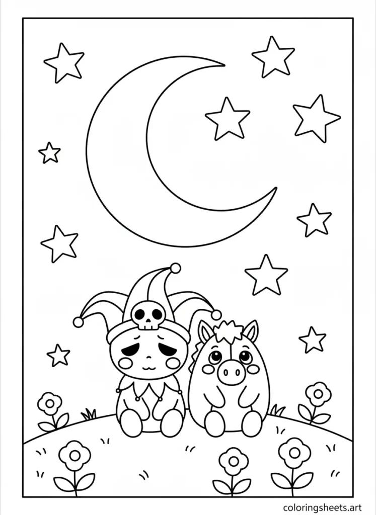 Kuromi and Baku gazing at stars together on a night hill coloring page - Free pdf Download