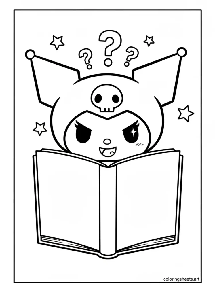 Kuromi peeking mischievously over her open diary coloring page