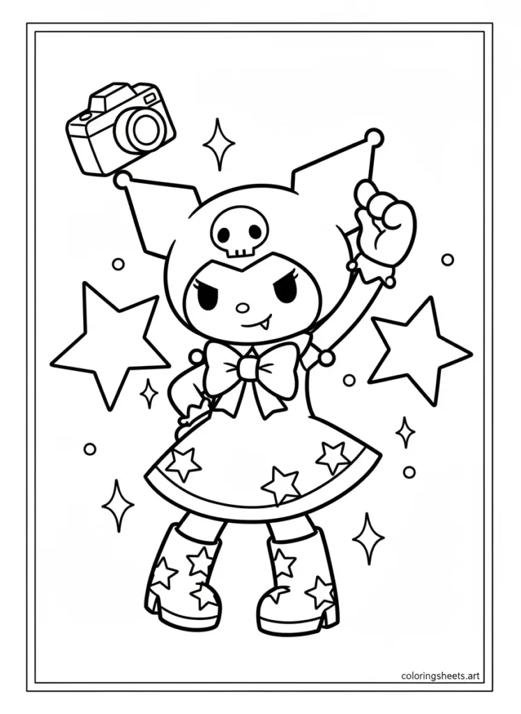 Kuromi posing for a punk fashion photo shoot coloring page - Free pdf
