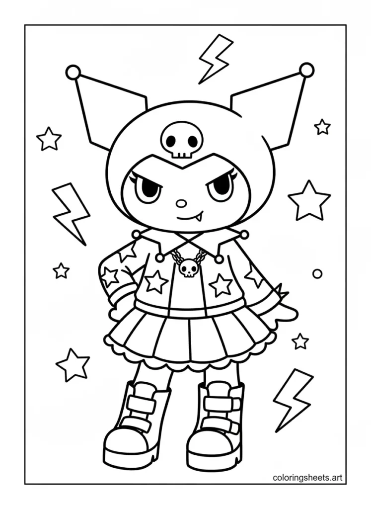 Kuromi in a full punk rock outfit with chains and boots coloring page