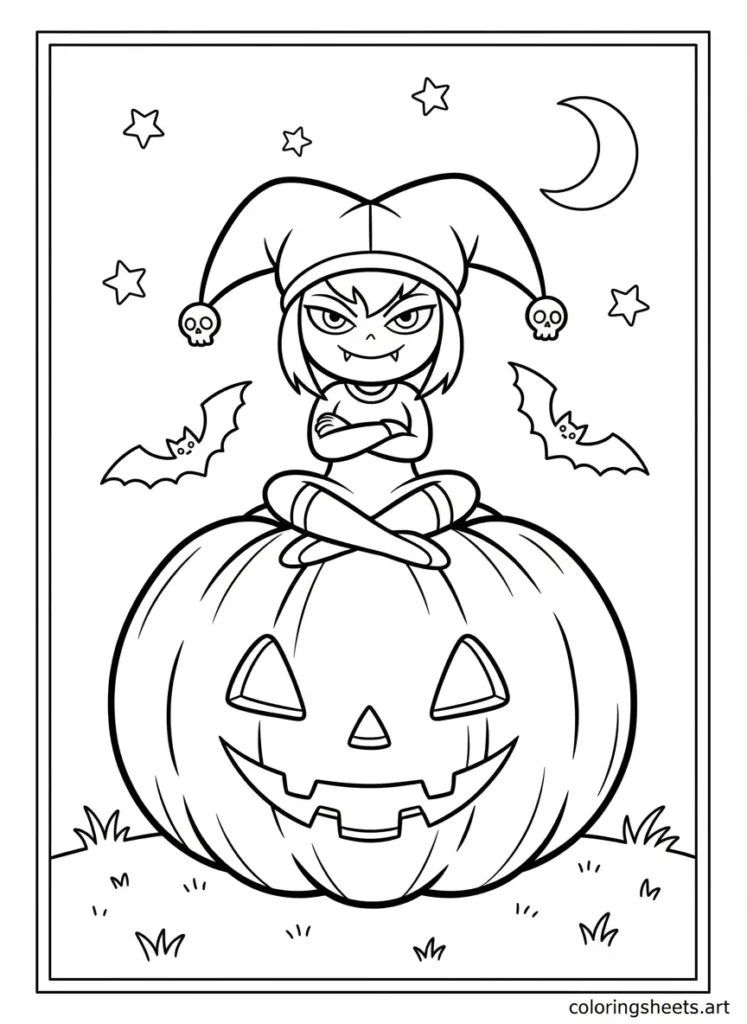 Kuromi sitting on top of a giant Halloween pumpkin coloring page -free printable pdf