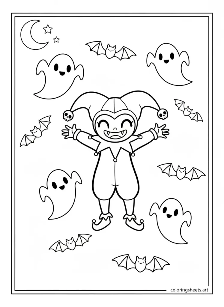 Kuromi surrounded by cute ghosts and bats on Halloween coloring page