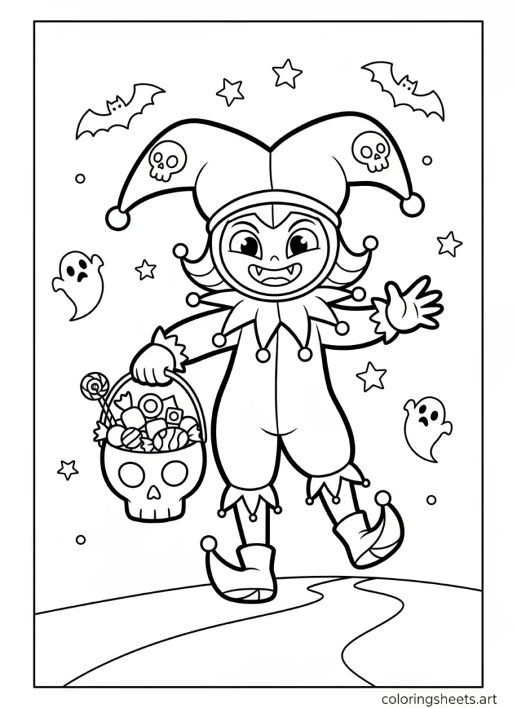 Kuromi trick or treating with a skull candy bucket Halloween coloring page Printable