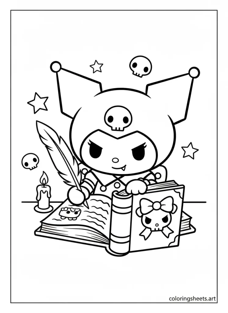 Kuromi writing in her secret diary with a feather pen coloring page