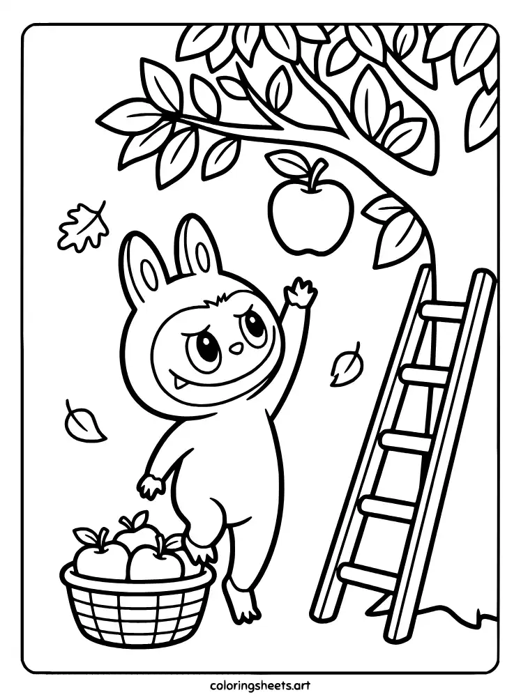 Labubu apple picking in fall coloring page for kids free