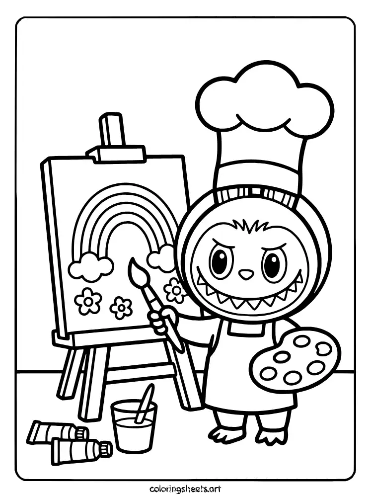 Labubu the artist painting a picture coloring page PDF