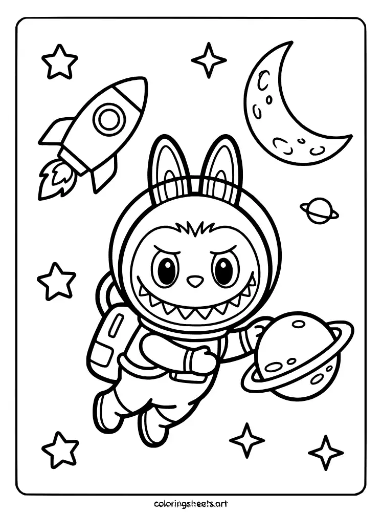 Labubu the astronaut in space coloring page for kids free