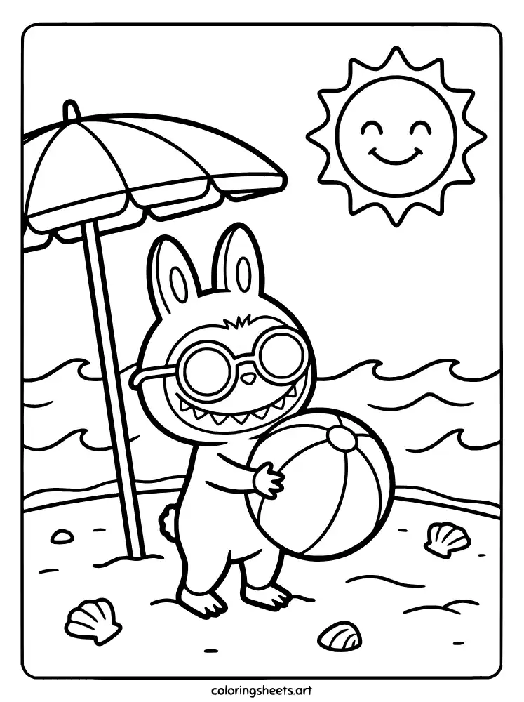 Labubu at the Beach in Summer Coloring Page for Kids