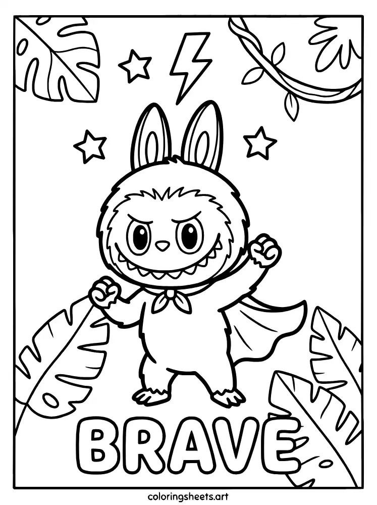 Labubu feeling brave and strong coloring page for kids