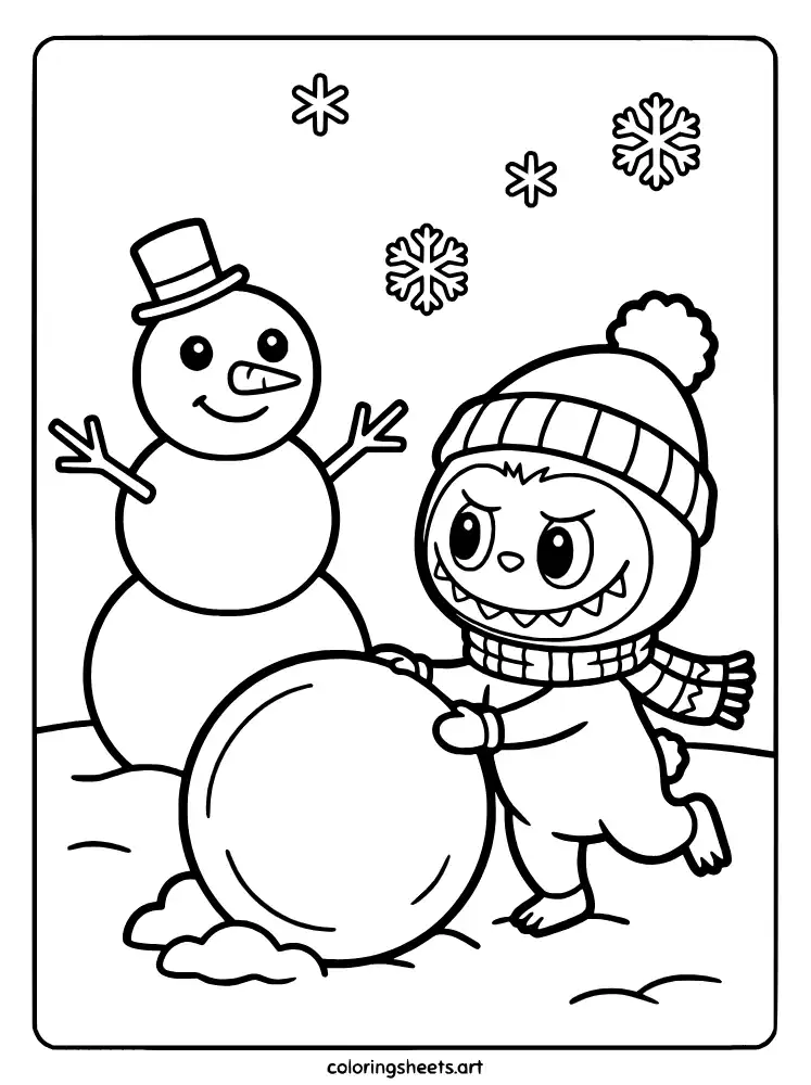 Labubu building a snowman winter coloring page for toddlers
