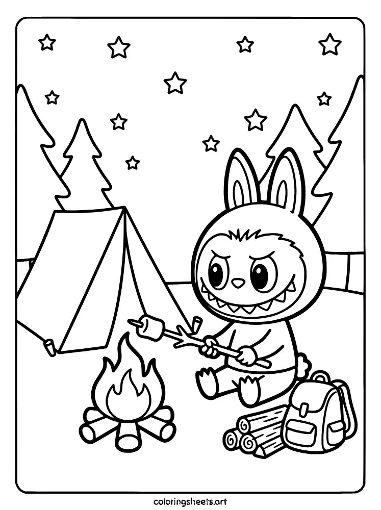 Labubu camping in the woods coloring page for kids free