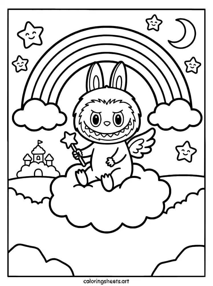 Labubu in a cloud kingdom coloring page for kids