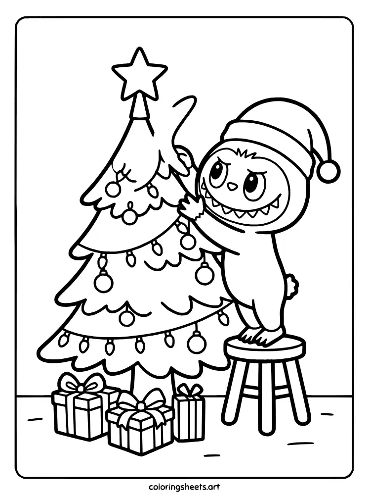 Labubu decorating a Christmas tree printable coloring page