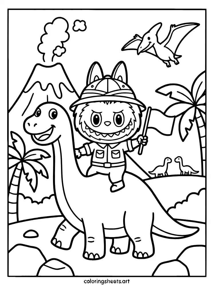 Labubu in a dinosaur world coloring page PDF
